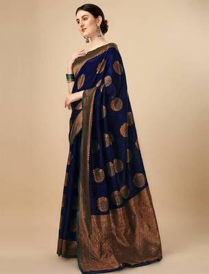 Dark blue silk blend woven saree with banarasi silk 4