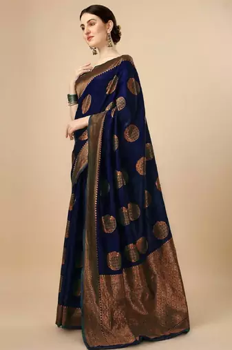 Dark blue silk blend woven saree with banarasi silk