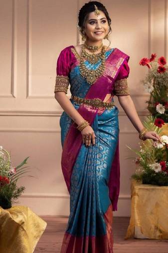 Cobalt blue art silk woven saree with banarasi silk