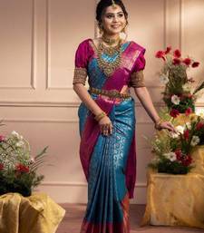 Cobalt blue art silk woven saree with banarasi silk