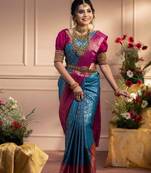 Cobalt blue art silk woven saree with banarasi silk