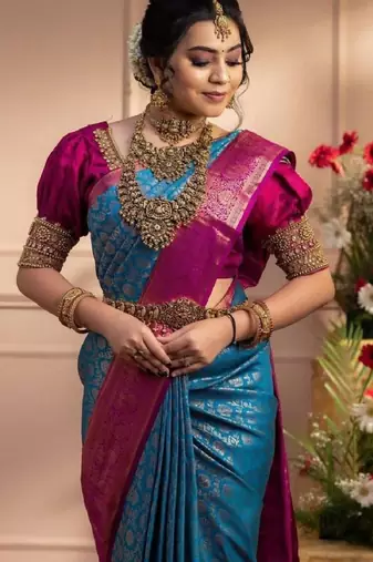 Cobalt blue art silk woven saree with banarasi silk