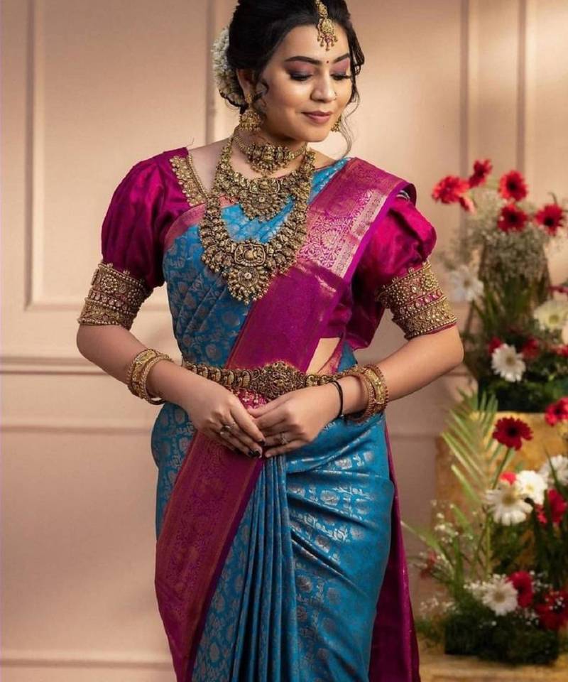 Cobalt blue art silk woven saree with banarasi silk