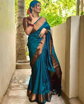 Blue silk blend woven saree with banarasi silk 1