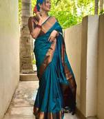 Blue silk blend woven saree with banarasi silk