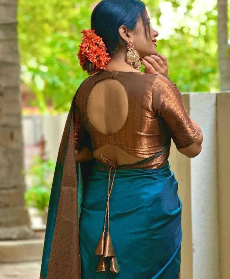 Blue silk blend woven saree with banarasi silk
