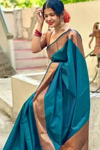 Blue silk blend woven saree with banarasi silk