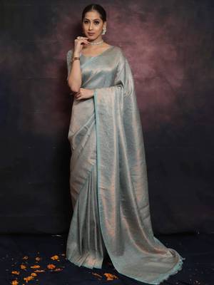 Sky blue silk blend woven saree with banarasi silk 1