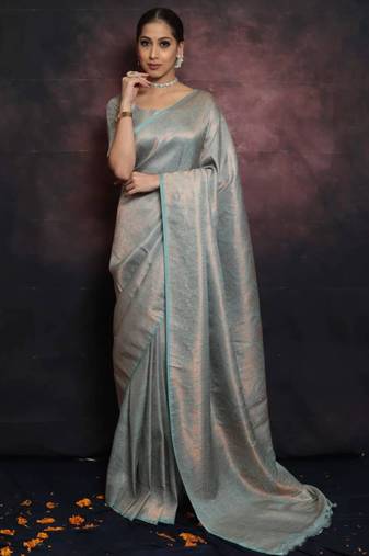 Sky blue silk blend woven saree with banarasi silk