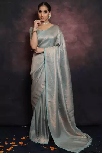 Sky blue silk blend woven saree with banarasi silk