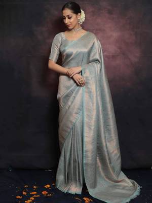 Sky blue silk blend woven saree with banarasi silk 2