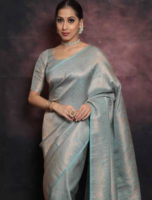 Sky blue silk blend woven saree with banarasi silk 3