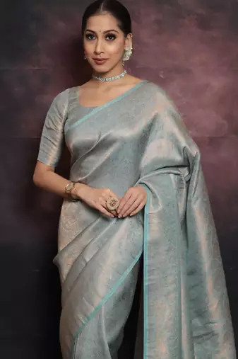 Sky blue silk blend woven saree with banarasi silk