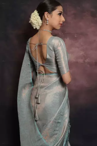 Sky blue silk blend woven saree with banarasi silk