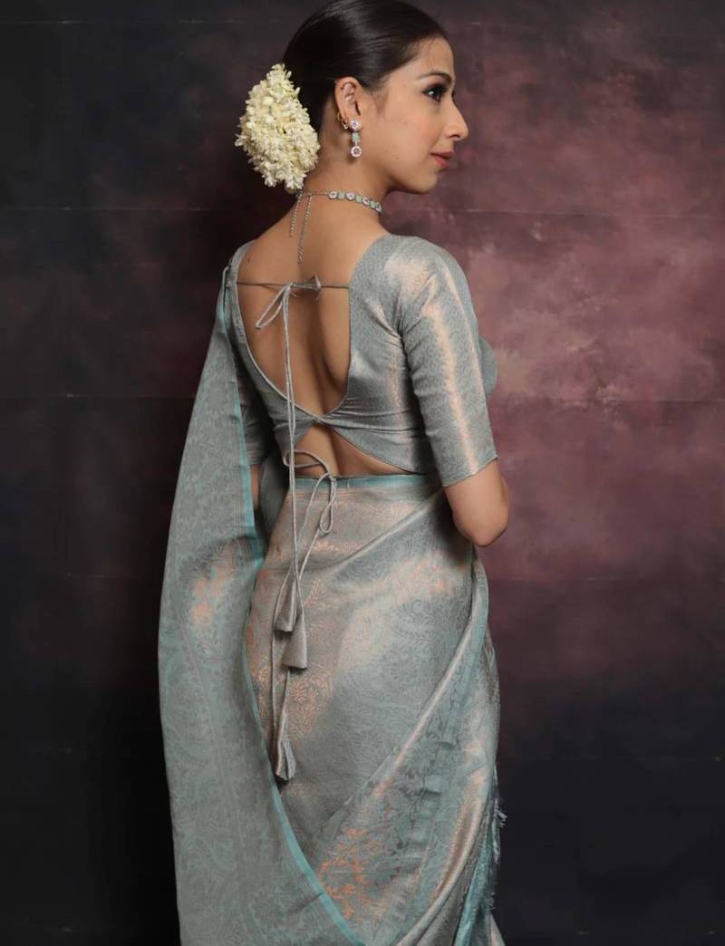 Sky blue silk blend woven saree with banarasi silk