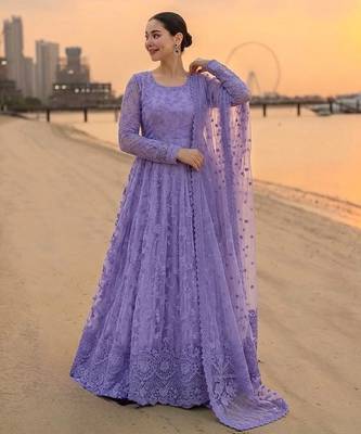 purple faux georgette readymade anarkali suit with embroidery & cut work 1