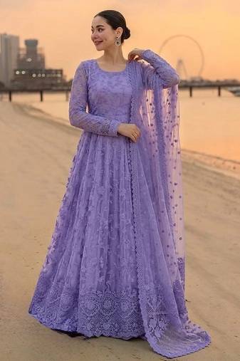 purple faux georgette readymade anarkali suit with embroidery & cut work