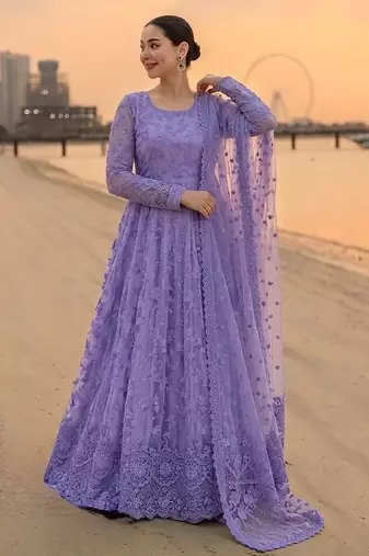 purple faux georgette readymade anarkali suit with embroidery & cut work