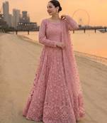 peach faux georgette readymade anarkali suit with embroidery & cut work