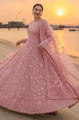 peach faux georgette readymade anarkali suit with embroidery & cut work