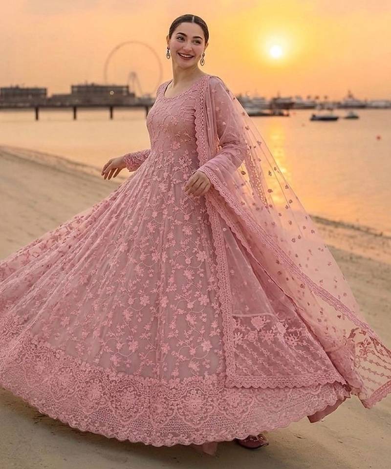 peach faux georgette readymade anarkali suit with embroidery & cut work