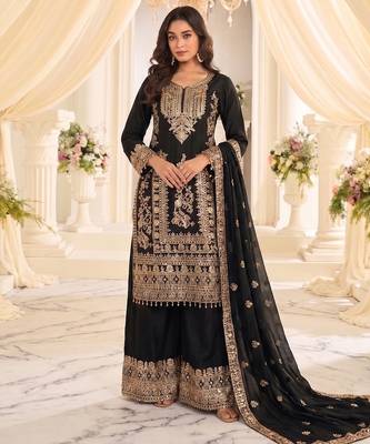 black chinon readymade suit with embroidery & sequence work 1