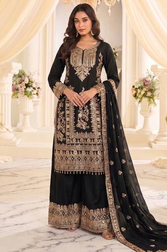 black chinon readymade suit with embroidery & sequence work