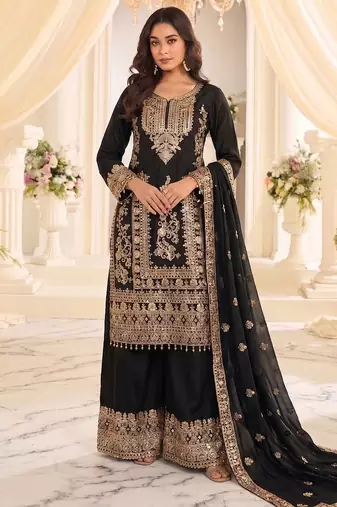 black chinon readymade suit with embroidery & sequence work