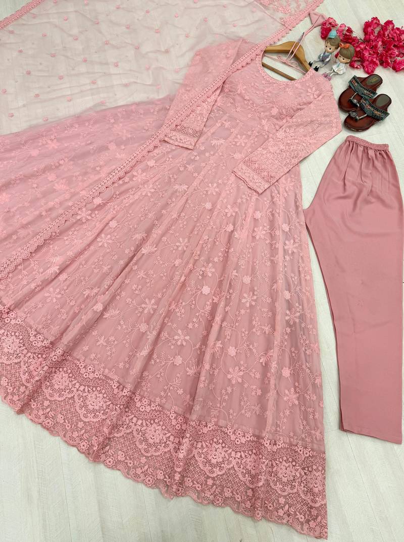 peach faux georgette readymade anarkali suit with embroidery & cut work