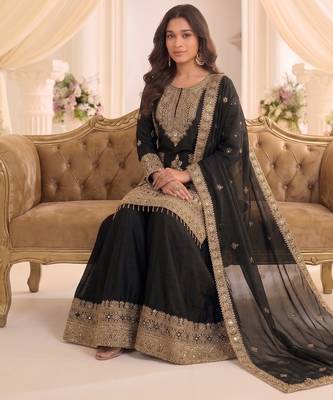 black chinon readymade suit with embroidery & sequence work 2