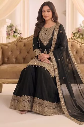 black chinon readymade suit with embroidery & sequence work