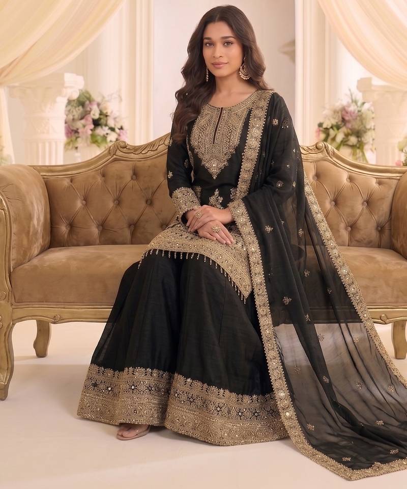 black chinon readymade suit with embroidery & sequence work