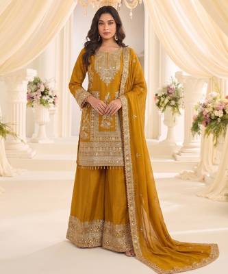 mustard chinon readymade suit with embroidery & sequence work 1