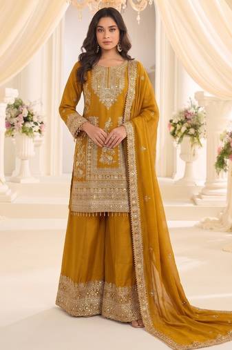 mustard chinon readymade suit with embroidery & sequence work