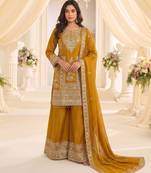 mustard chinon readymade suit with embroidery & sequence work