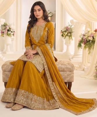 mustard chinon readymade suit with embroidery & sequence work 2