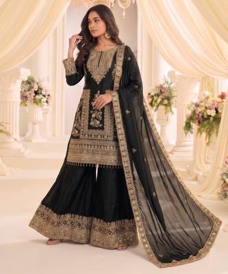 black chinon readymade suit with embroidery & sequence work 3