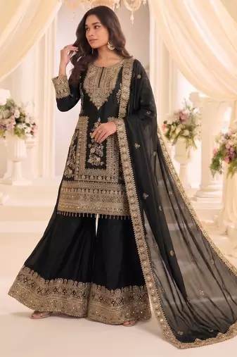 black chinon readymade suit with embroidery & sequence work