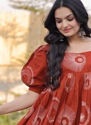 orange silk blend  readymade kurti with printed work 2