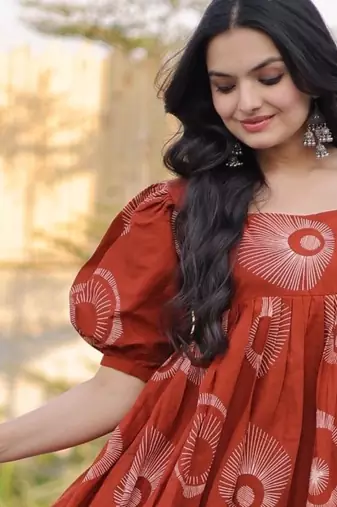 orange silk blend  readymade kurti with printed work
