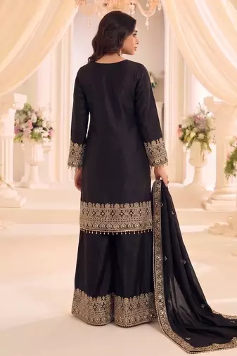 black chinon readymade suit with embroidery & sequence work