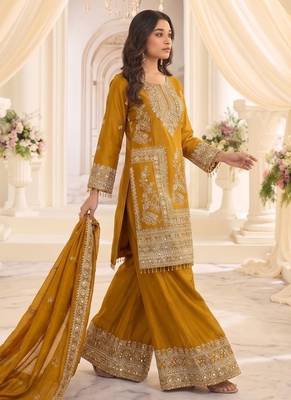 mustard chinon readymade suit with embroidery & sequence work 3