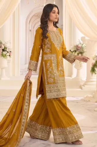 mustard chinon readymade suit with embroidery & sequence work