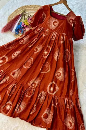 orange silk blend  readymade kurti with printed work