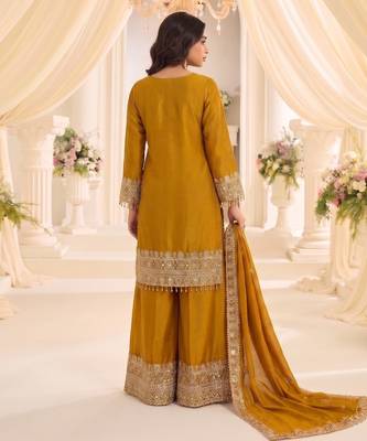 mustard chinon readymade suit with embroidery & sequence work 4