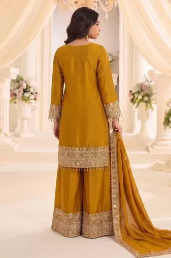 mustard chinon readymade suit with embroidery & sequence work