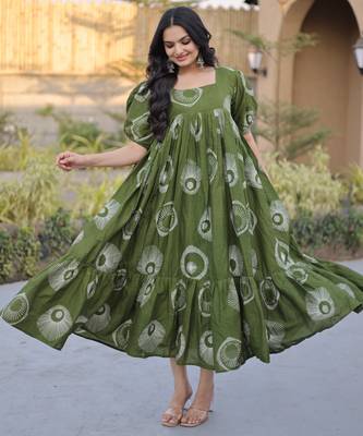 green silk blend  readymade kurti with printed work 1
