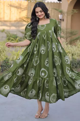green silk blend  readymade kurti with printed work