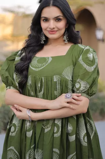 green silk blend  readymade kurti with printed work