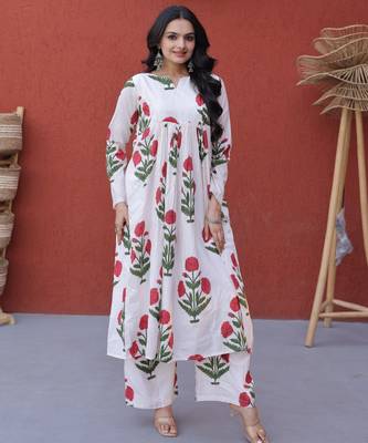 white silk blend  readymade kurti set with printed work 1